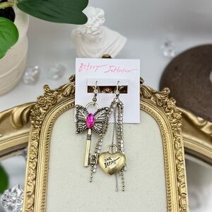 Boho Butterfly Lock & Key Crystal Mismatched Drop Earrings